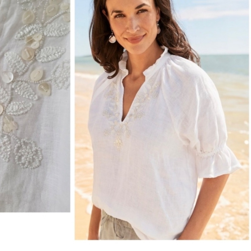 Tommy Bahama Coastalina linen White Puff Sleeve Blouse with Ruffle Collar XS